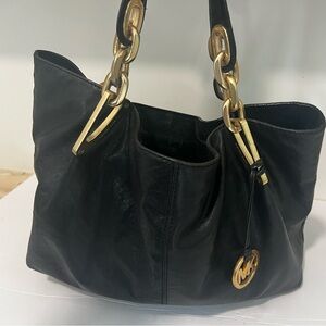 Michael Kors Black Leather Shoulder Bag with Gold Chain Accents